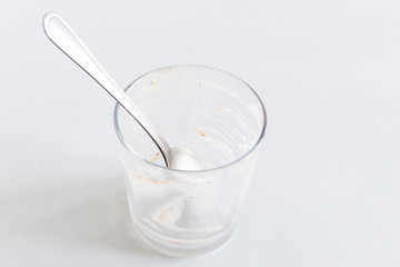 Glass empty, after a delicious dessert, isolated on white background