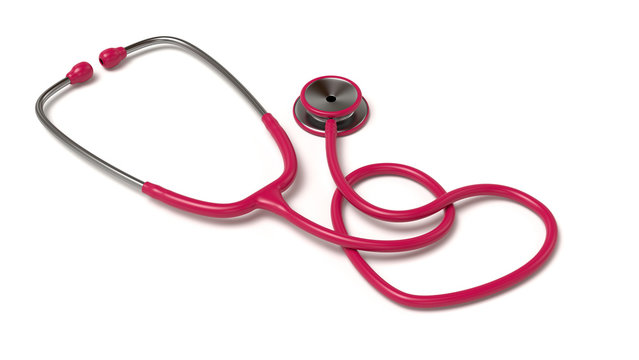 Red Stethoscope in Shape of Heart Isolated On White Background. Top view. 3D Render.