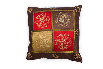 Four square brown red pattern single cushion cover isolated on white background