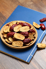 Red jujube slices in wooden plate