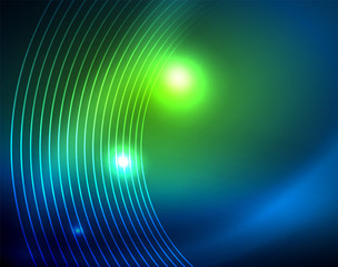 Blue neon circles, abstract circular lines. Glowing circle abstract pattern background