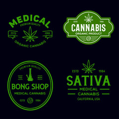 Set of Modern vintage cannabis logo labels badges templates. Medical marijuana logotypes.