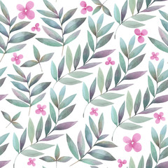 Hand painted watercolor illustration. Seamless pattern with decorative plant elements. 