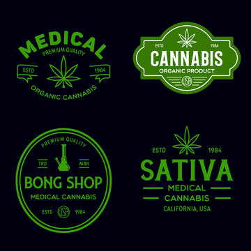 Set of Modern vintage cannabis logo labels badges templates. Medical marijuana logotypes.