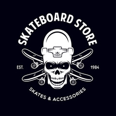 Skateboarding label badge. Skate shop logotype. Design elements for posters, t-shirt prints, emblems.