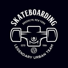 Skateboarding label badge. Skate shop logotype. Design elements for posters, t-shirt prints, emblems.