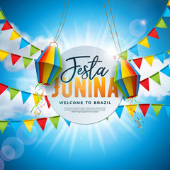 Festa Junina Illustration with Party Flags and Paper Lantern on Blue Cloudy Sky Background. Vector Brazil June Festival Design for Greeting Card, Invitation or Holiday Poster.