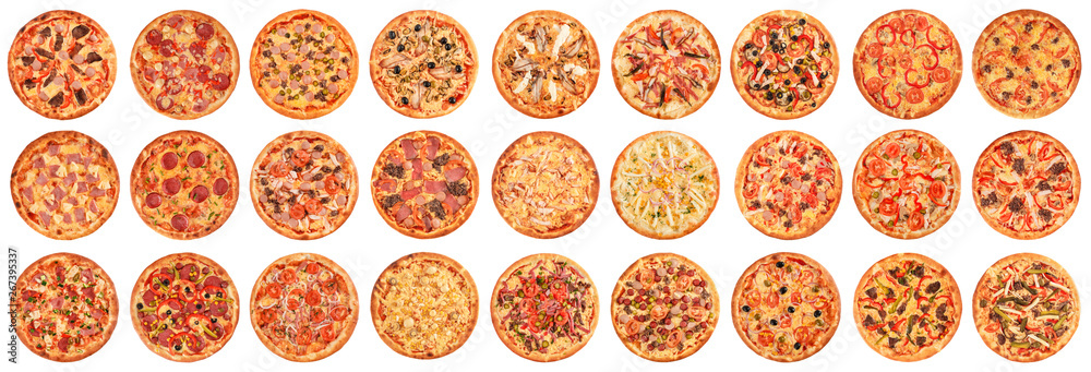 Wall mural big set of pizzas isolated on white background. top view