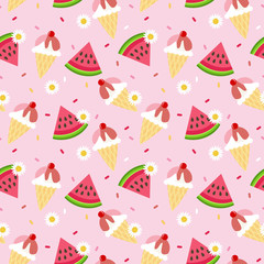 Cute watermelon and ice cream seamless pattern.