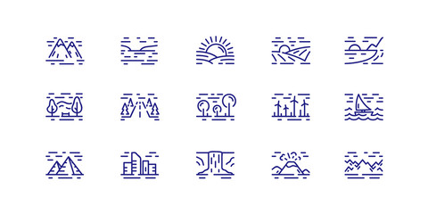 Nature landscape icons set. Thin line style. Fields, forests, mountains, seas and oceans. Flat style vector illustration.