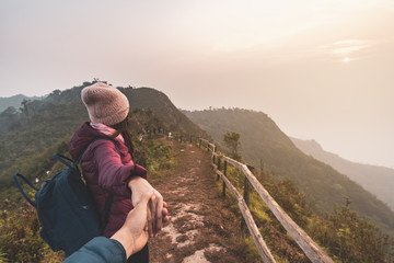 Hiking young couple traveler looking beautiful landscape, Travel lifestyle concept