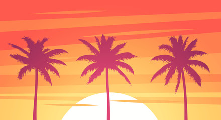 Summer tropical background. Palms silhouettes on the beach. Sunset or sunrise colors. Beautiful orange sky and nature landscape. Simple modern design. Flat style vector illustration.