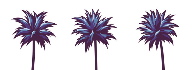 Palms silhouettes isolated. Summer tropical background. Sunset or sunrise. Blue color. Beautiful nature landscape. Simple modern design. Flat style vector illustration.