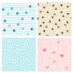 Watercolor vector set of patterns, circle, point, heart, stripe, triangle. Colorful watercolor romantic texture.
