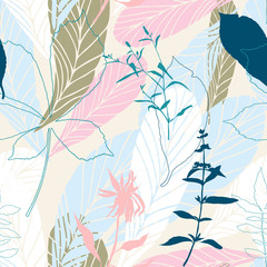 Leaves and flowers background. Vector seamless pattern with hand drawn realistic wild flowers, plants and leaves in light pastel colors