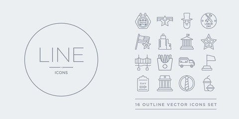 16 line vector icons set such as fast food, father's day, federalism, fifth avenue, flag day contains food truck, french fries, golden gate bridge, walk of fame. fast food, father's day, federalism - obrazy, fototapety, plakaty