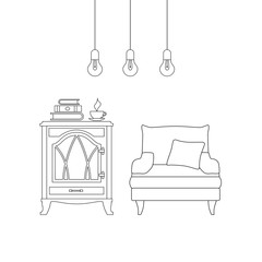 Line art interior. Recreation area with fireplace and armchair. Black and white vector illustration in outline style. Linear drawing of the room.