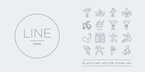 16 line vector icons set such as kickball, kickboxing, kung fu, lacrosse, long jump contains marathon, match, mixed martial arts, muscle. kickball, kickboxing, kung fu from sport outline icons.