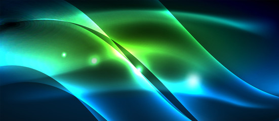 Glowing abstract wave on dark, shiny motion, magic space light. Techno abstract background