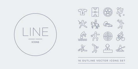 16 line vector icons set such as canoe sport, commentator, cricket, curling, cycling contains dart board, discus throw, diving sport, dodgeball. canoe sport, commentator, cricket from outline icons.