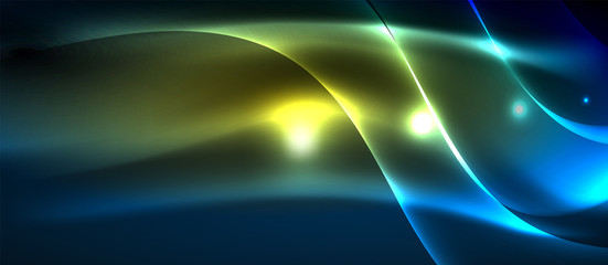 Glowing abstract wave on dark, shiny motion, magic space light. Techno abstract background