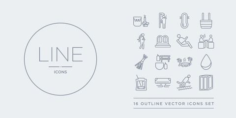 16 line vector icons set such as 2steam bath, adrenalin rush, air cooling, aroma stimulation, arterioles contains asian bath, banja, birching, body heat gain. 2steam bath, adrenalin rush, air