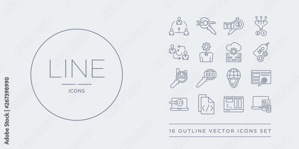 Wall mural 16 line vector icons set such as responsive, screen, script, search, search engine contains secu net