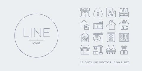 16 line vector icons set such as agent, bridges, constructions, cottage, facade contains flat, for rent, home repair, house front view. agent, bridges, constructions from real estate outline icons.