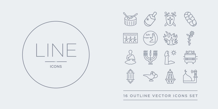 16 line vector icons set such as adhan call, arabian lantern, arabian magic lamp, arabic lamp, ark of the convenant contains assr, big menorah, buddhist monk, budding staff. adhan call, arabian