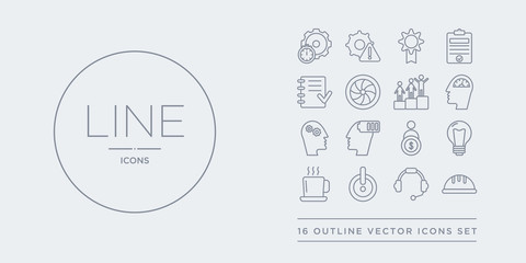 16 line vector icons set such as hard hat, headphone, help, hot coffee, light bulb contains man and dollar coin, mind charge, mind gears, mind tachometer. hard hat, headphone, help from productivity