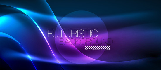 Glowing abstract wave on dark, shiny motion, magic space light. Techno abstract background