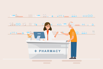 pharmacy with pharmacist and client in counter