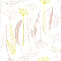 Fototapeta na wymiar Botanical floral vector seamless pattern with hand drawn herbs, plants, flowers and leaves.