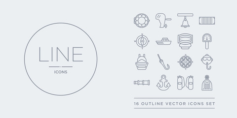 16 line vector icons set such as afterdeck, air tank, anchor, antique telescope, aqualung contains azimuth compass, bait, ballast, barometer. afterdeck, air tank, anchor from nautical outline icons.