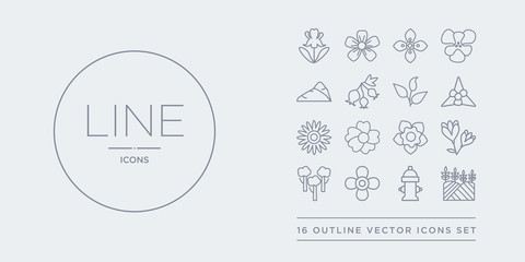16 line vector icons set such as field, fire hydrant, flower, forest, freesia contains gardenia, geranium, gerbera, gladiolus. field, fire hydrant, flower from nature outline icons. thin, stroke - obrazy, fototapety, plakaty