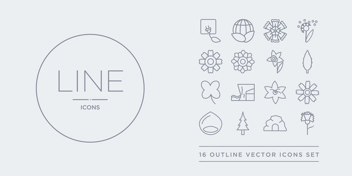 16 line vector icons set such as carnation, cave, cedar, chestnut, chrysanthemum contains clematis, cliff, clover, cypress. carnation, cave, cedar from nature outline icons. thin, stroke elements