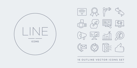 16 line vector icons set such as like, loudspeaker, loyalty, mail, marketing contains marketing graph, marketing presentation, megaphone, online like, loudspeaker, loyalty from outline icons. thin,
