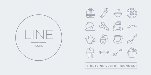 16 line vector icons set such as stew pot, strainer, sugar sifter, tablecloth, tablespoon contains tea cup, tea infuser, teapot, teaspoon. stew pot, strainer, sugar sifter from kitchen outline