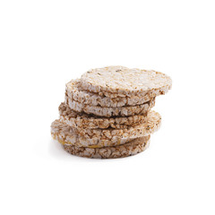 Puffed rice bread isolated on white background. Diet rice bread.