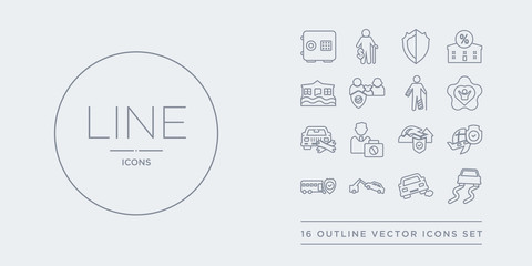 16 line vector icons set such as slippery road, stone on the road, towed car, transport insurance, travel insurance contains tsunami insurance, unemployed, vehicle repair, wellness. slippery road,
