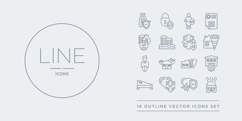 16 line vector icons set such as hail on the car, health insurance, heart insurance, hospitalization, house insurance contains house for storms, house on fire, agent, for home of tornado. hail on