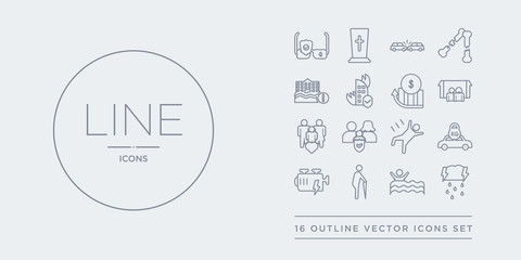16 line vector icons set such as disaster, drown, elderly, engine problems, excessive weight for the vehicle contains falling, familiar insurance, family care, family house. disaster, drown, elderly