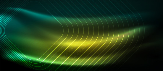 Dark background with neon glowing elements, shiny motion concept