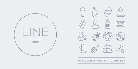 16 line vector icons set such as nail scissors, napkin, nasal aspirator, paper towel, parasite contains pathogen, pedicure, powder, primp. nail scissors, napkin, nasal aspirator from hygiene outline