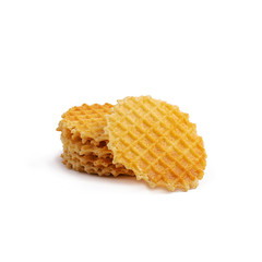Round waffels isolated on white background. Stack of golden waffels