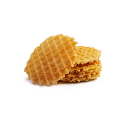 Round waffels isolated on white background. Stack of golden waffels