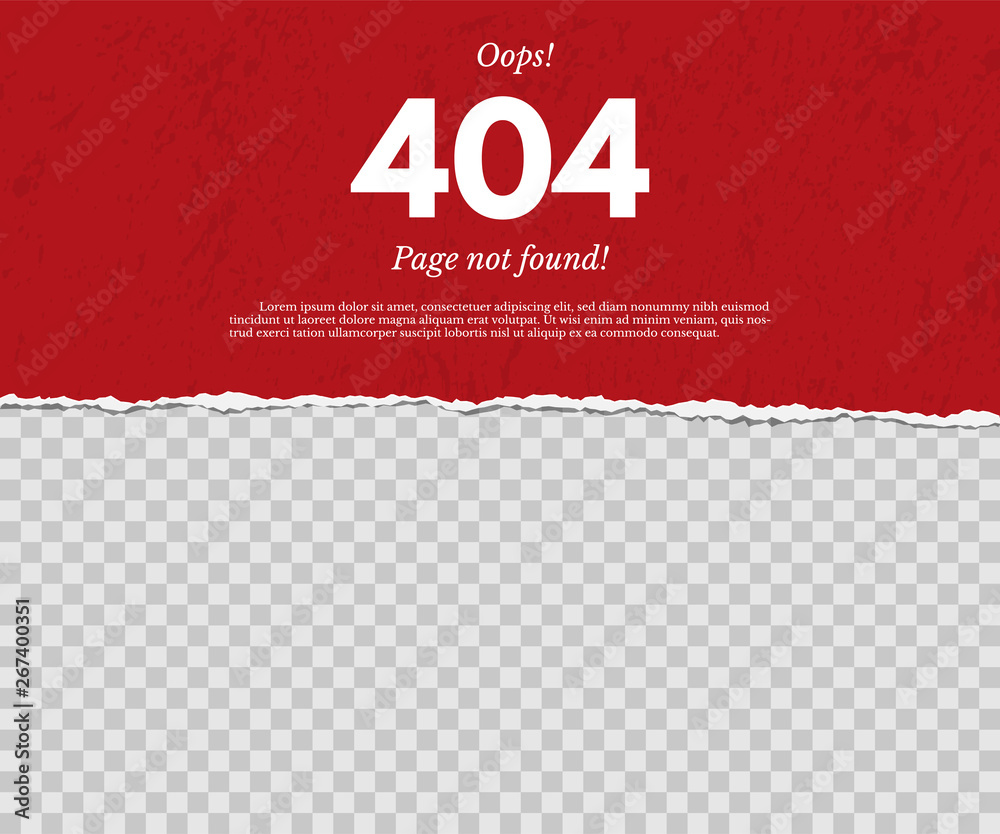 Poster 404 page not found concept. red torn paper with text isolated on transparent background. vector desi