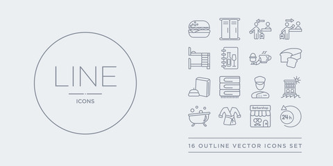 16 line vector icons set such as 24 service, barbershop, bathrobe, bathtub, beach hotel contains bellboy, blanket, booking, bread. 24 service, barbershop, bathrobe from hotel outline icons. thin,