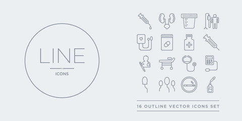 16 line vector icons set such as serum, smoking, sperm, spermatozoon, sphygmomanometer contains stethoscope, stretcher, surgery, syringe. serum, smoking, sperm from health and medical outline icons.