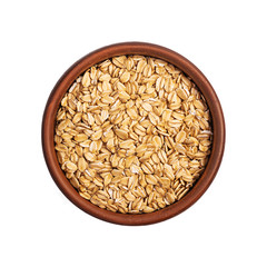 Flakes rolled oats in bowl isolated on white background. Top view